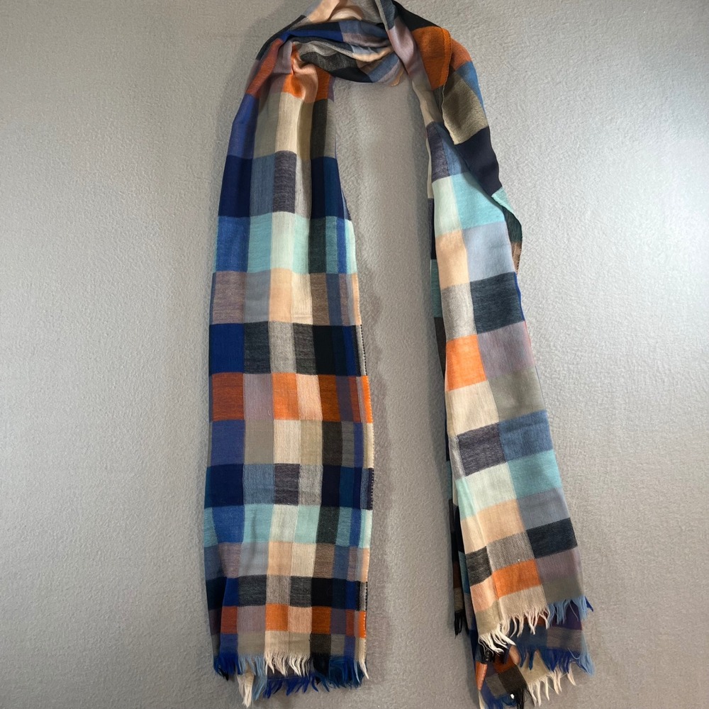 Peruvian Connection 100% Wool Multicolor Check Plaid Fringe Scarf One Size